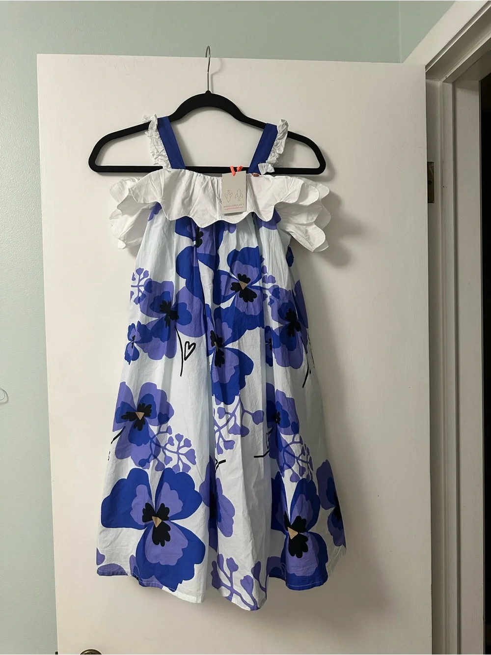 Girls White Dress with Blue Floral Print and Ruffle Neckline